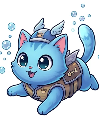 Criatura del verbo swim: un gatito azul nadando