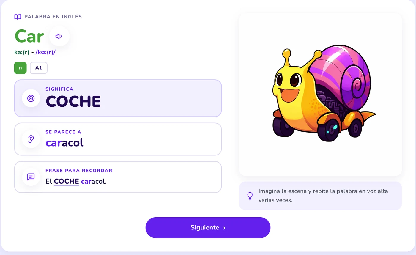 Pantalla del modo estudio de Imagilang con la palabra Car: significa coche, se parece a caracol, y la frase El COCHE caracol junto al dibujo del caracol con ruedas