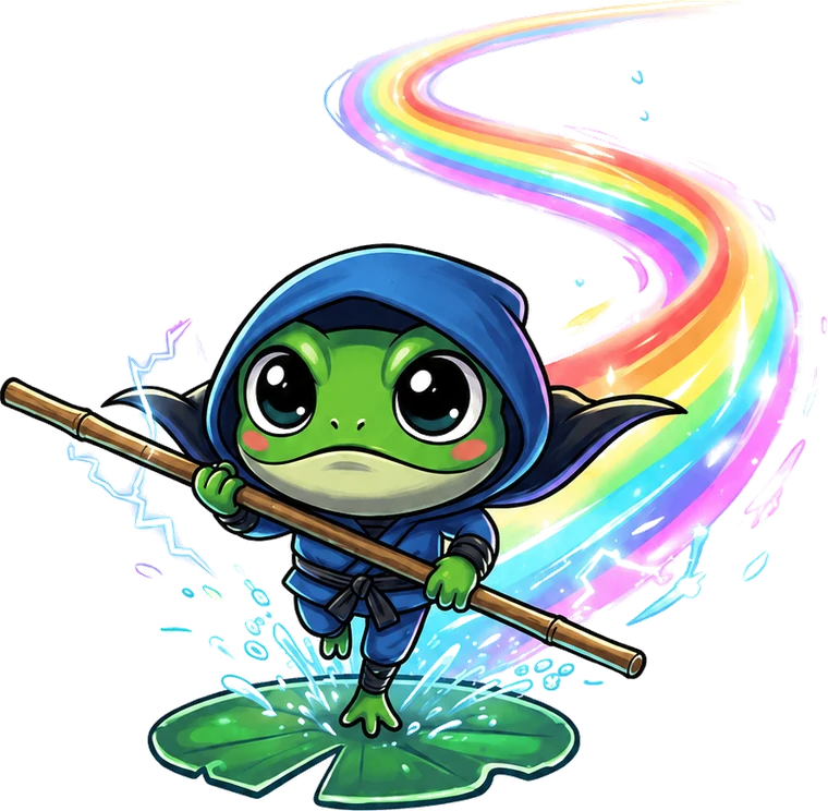 Una rana ninja corriendo sobre el agua de un estanque